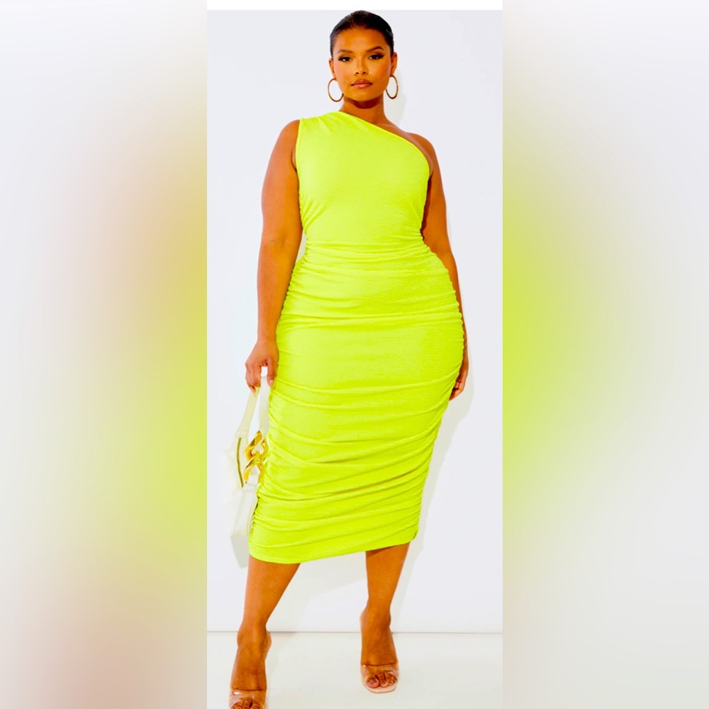 Yellow Textured One Shoulder Ruched Midi Dress